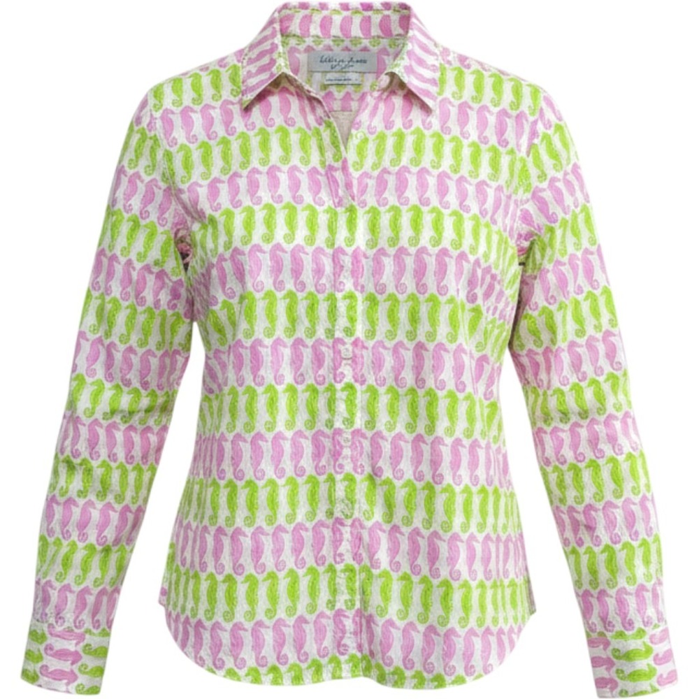 Crown & Ivy Women Shirt XL Pink Green Seahorse Cotton Button Up Coastal Preppy